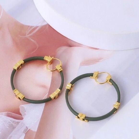 NWOT Tory Burch Gold,Green Leather Sheriff Hoops - Picture 3 of 4